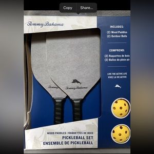 NEW Tommy Bahama Pickleball Set 2-Gray Wood Paddles 2-Yellow Game Balls